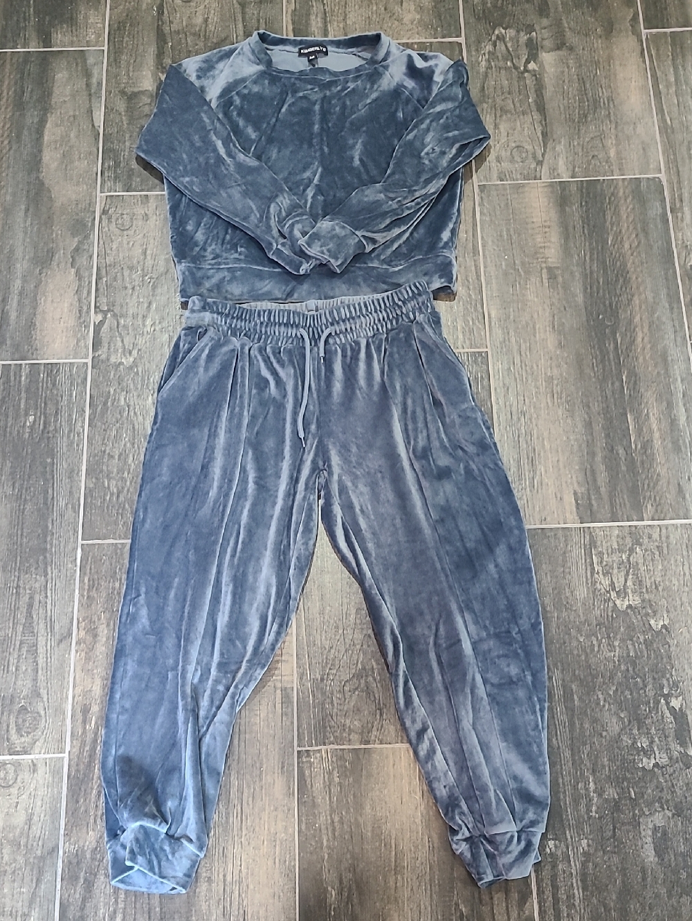 Velvet Drawstring Joggers and Pullover Set - Slate Blue